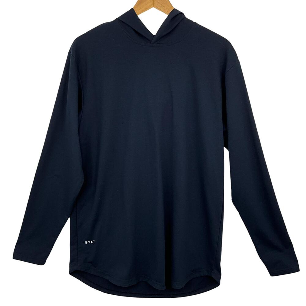 BYLT Hooded Drop Cut Long Sleeve Shirt Mens Large Navy Blue Performance